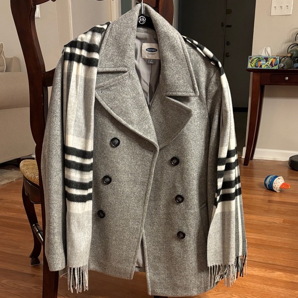 Old Navy Gray Pea Coat with Scarf - Picture 1 of 4